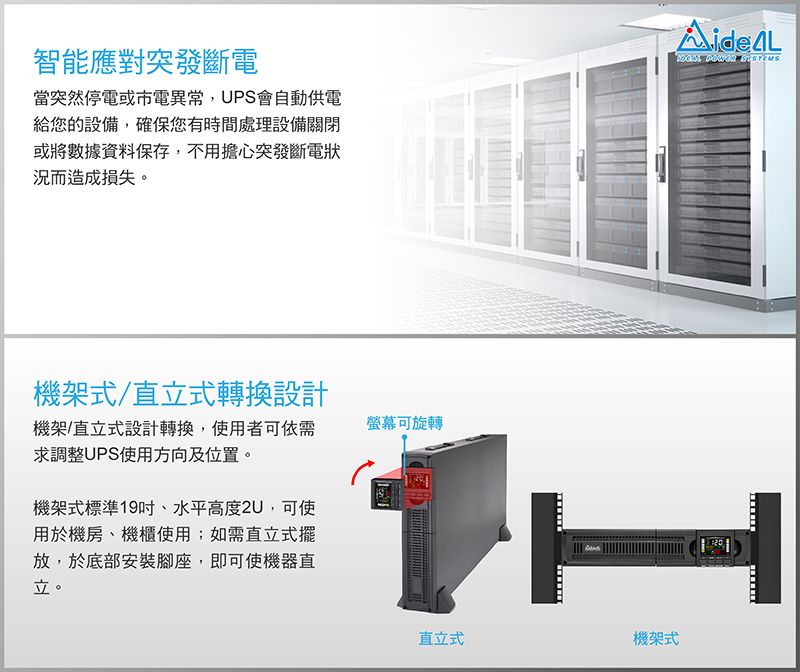 智能應對突發斷電當突然停電或市電異常,UPS會自動供電給您的設備,確保您有時間處理設備關閉或將數據資料保存,不用擔心突發斷電狀況而造成損失。機架式/直立式轉換設計機架/直立式設計轉換,使用者可依需求調整UPS使用方向及位置。螢幕可旋轉機架式標準19吋、水平高度2U,可使用於機房、機櫃使用;如需直立式擺放,於底部安裝腳座,即可使機器直立。直立式機架式