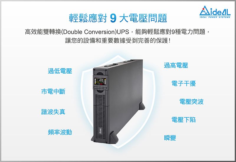 POWER SYSTEMS輕鬆應對9大電壓問題高效能雙轉換(Double Conversion)UPS,能夠輕鬆應對9種電力問題,讓您的設備和重要數據受到完善的保護!過低電壓電中斷諧波失真過高電壓電子干擾電壓突波電壓下陷頻率波動瞬變