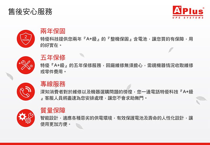 售後安心服務A PlusUPS SYSTEMS兩年保固2YEARS特優科技提供您兩年『A+級』的『整機保固含電池,讓您買的有保障,用的好實在。五年保修%特優『A+級』的五年保修服務,回廠維修無須擔心,需視機器情況收取維修或零件費用。專線服務深知消費者對於維修以及機器選購問題的徬徨,您一通電話特優科技『A+級 客服人員將盡速為您安排處理,讓您不會求助無門。質量保障智能設計,適應各種惡劣的供電環境,有效保護電池及壽命的人性化設計,讓使用更加方便。