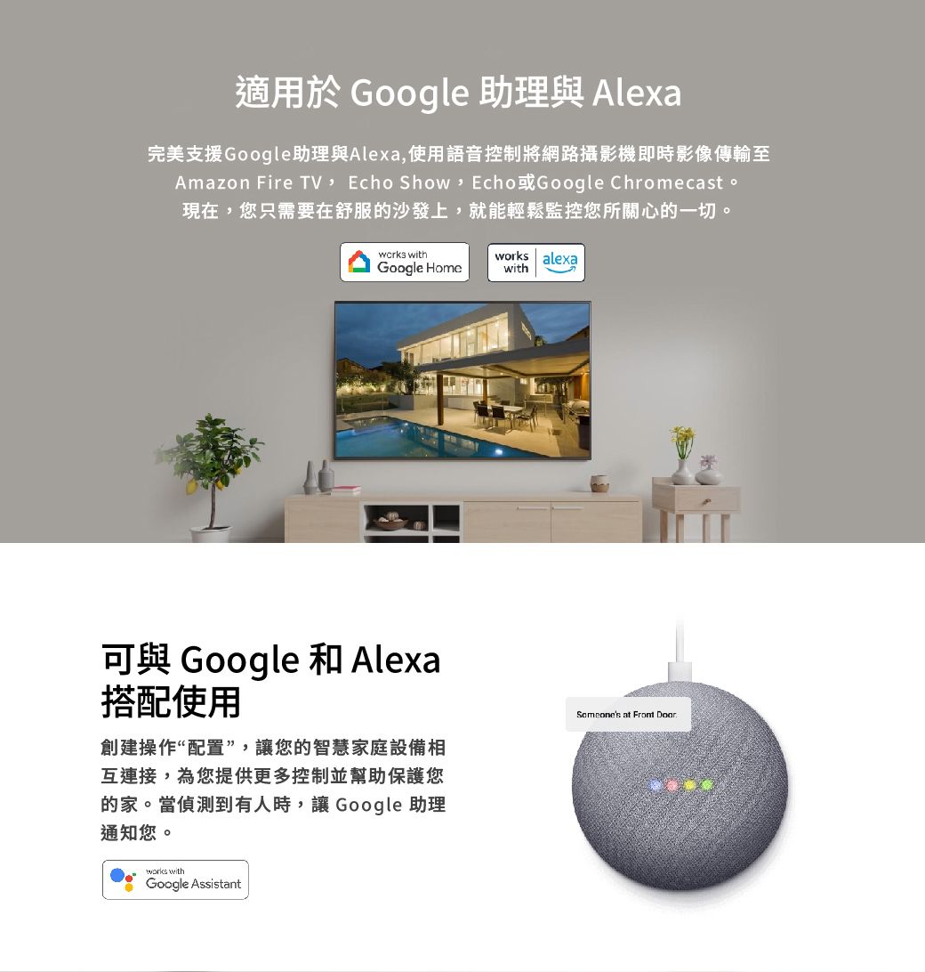 適用於 Google 助理與 Alexa完美支援Google助理與Alexa,使用語音控制將網路攝影機即時影像傳輸至Amazon Fire TV Echo Show Echo Google Chromecast現在,您只需要在舒服的沙發上,就能輕鬆監控您所關心的一切。 withworks alexaGoogle Homewith可與 Google 和 Alexa搭配使用創建操作“配置”,讓您的智慧家庭設備相互連接,為您提供更多控制並幫助保護您的家。當偵測到有人時,讓Google 助理通知您。works withGoogle AssistantSomeones at Front Door