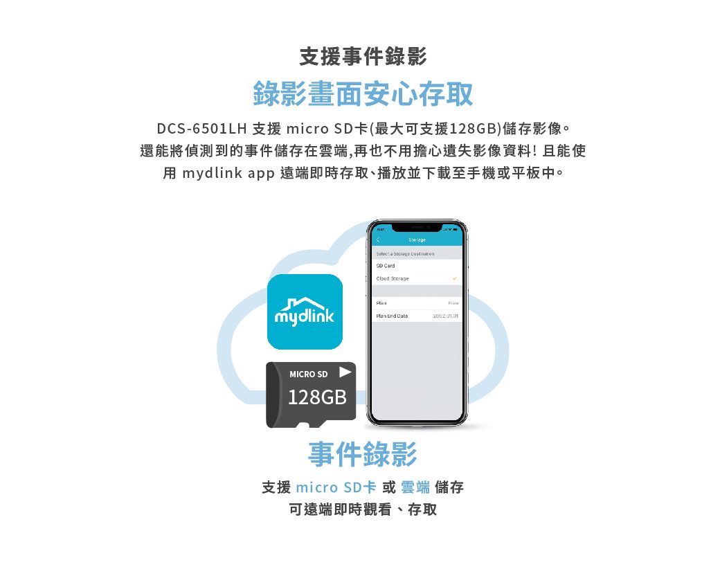 支援事件錄影錄影畫面安心存取DCS-6501LH 支援micro卡(最大可支援128GB)儲存影像。還能將偵測到的事件儲存在雲端,再也不用擔心遺失影像資料!且能使用 mydlink pp遠端即時存取、播放並下載至手機或平板中。 a  SD CardCloud mydlink End  MICRO SD128GB事件錄影支援 micro SD卡或雲端儲存可遠端即時觀看、存取