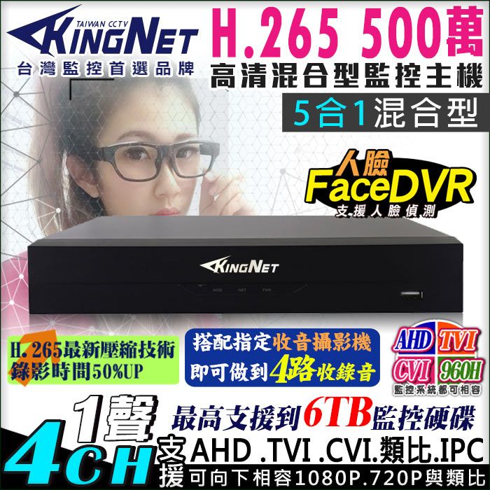 KingNet 帝網  監視器 4路監控主機 500萬   人臉偵測 5MP H.265壓縮 1080P 類比  AHD TVI CVI IPC 向下相容 手機遠端 電腦監看