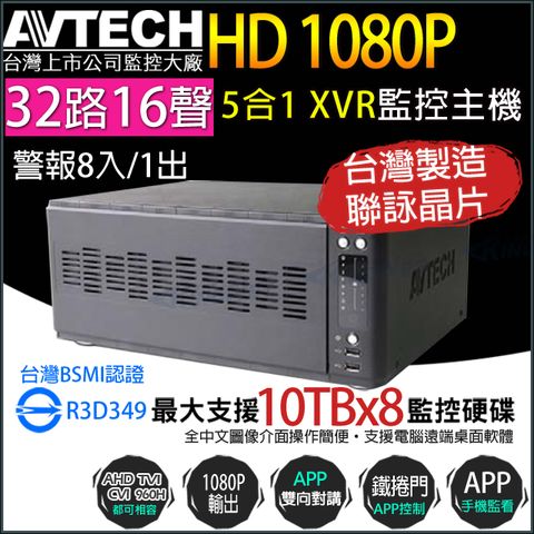 【帝網KingNet】AVTECH 監視器 1080P 32路16聲 台製 陞泰 監控主機 手機遠端 8硬碟 AVZ8136