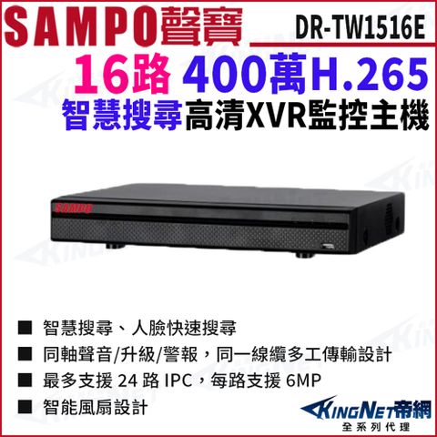 SAMPO聲寶 DR-TW1516E I3 H.265 16路 500萬 人臉偵測 XVR 16路主機