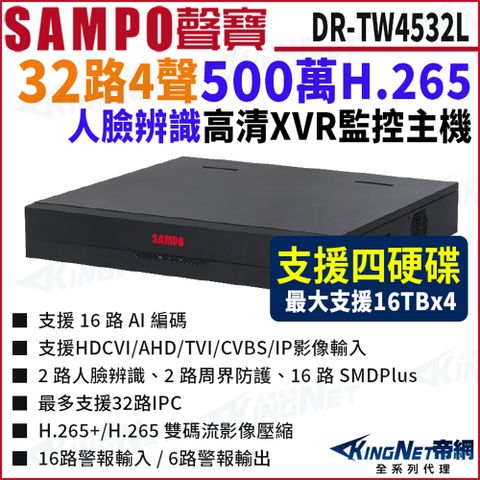 SAMPO聲寶 DR-TW4532L 32路 500萬 支援4硬碟 XVR 錄影主機