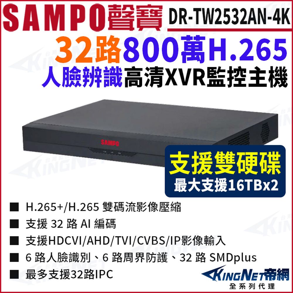 KingNet 帝網 SAMPO 聲寶 DR-TW2532AN-4K 32路 4K-N/5MP 800萬 雙硬碟人臉辨識 XVR 錄影主機 32路主機 500萬 DVR