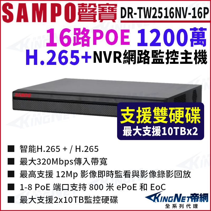 SAMPO聲寶 DR-TW2516NV-16P16路POE 1200萬H.265+NVR網路監控主機智能H.265 + / H.265■ 最大320Mbps傳入帶寬支援雙硬碟最大支援10TBx2最高支援 12Mp 影像即時監看與影像錄影回放1-8 PoE 端口支持 800米 ePoE 和 EoC最大支援2x10TB監控硬碟KINGNET全系列代理