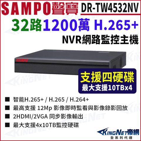 SAMPO聲寶 DR-TW4532NV 32路 1200萬 4K NVR 4硬碟 網路NVR監控主機