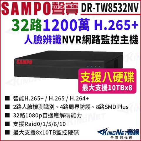 SAMPO聲寶 DR-TW8532NV 32路 1200萬 POE 4K NVR 8硬碟 網路NVR監控主機