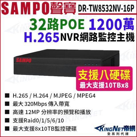 SAMPO聲寶 DR-TW8532NV-16P 32路 1200萬 16POE 4K NVR 8硬碟 網路NVR監控主機