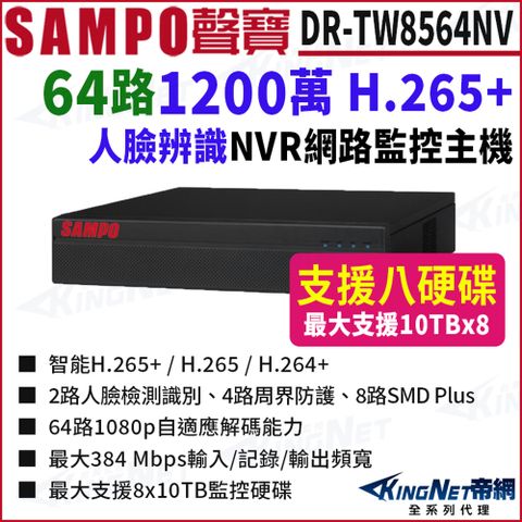SAMPO聲寶 DR-TW8564NV 64路 1200萬 POE 4K NVR 8硬碟 網路NVR監控主機