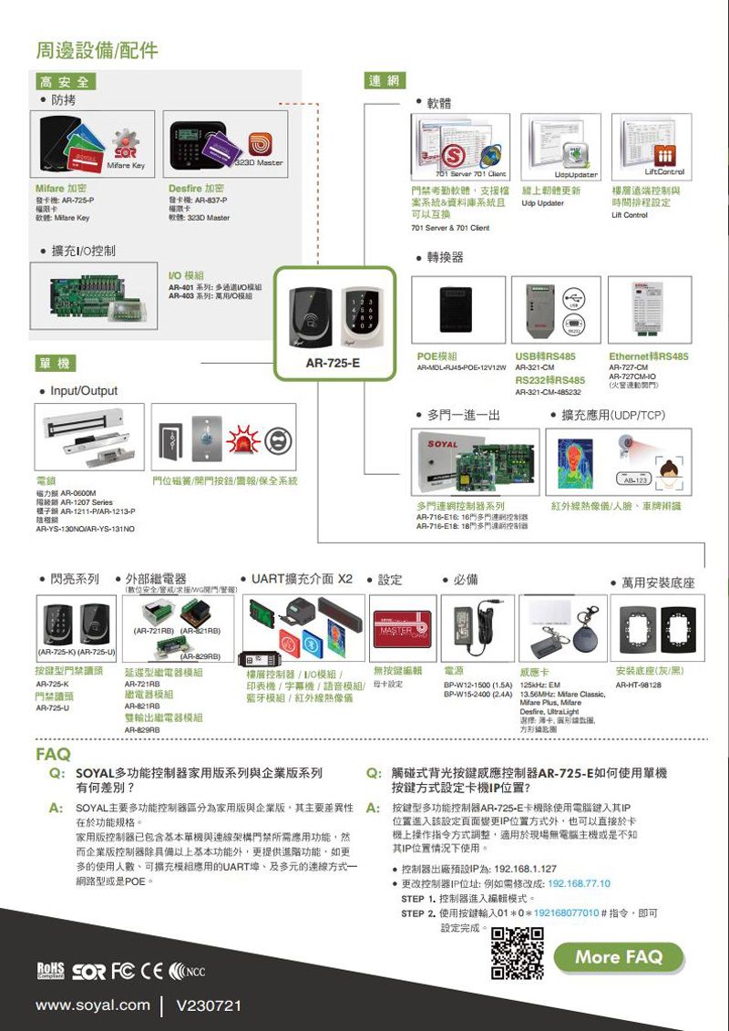 周邊設備配件高安全防拷 加密發 725  KeyM Key 加密發 837P323D Master連網軟體701 Server 701 禁考勤軟體支援案系統資料庫系統且可以互换上更新 pdater擴充控制軟體 323D Master AR401 系列 通道V模組AR403 系列 模組701 Server & 701 器單 InputOutput電磁力 AR AR1207 Series 1211PAR1213P鎖ARYS/AR-YS-131NO閃亮系列O 樓層控制與時間程Lift POE模組AR-725-EUSBEthernetRS485AR---POE- AR-321-CMRS232RS485AR-727-CMAR-727CM-火警連AR-321-CM-485232 一進一出擴充應用UDP/TCP位磁簧/按鈕/警報/保全系統多門連網系列AR-716- 16門多門連網AR-716-E1&: 門多門控制器外部繼電器(數位安全開門(UART擴充介面 X2設定必備(AR-721RB (AR-)(AR-725-K) (AR-725-U)(AR-)按鍵型門禁讀頭延型繼電器模組AR-725-KAR-721RB繼電器模組無按編輯樓層控制器/ /O模組/印表機/字幕機/語音模組/設定藍牙模組/紅外線熱像電源AR-725-UAR-繼電器模組AR--123紅外線熱像儀/人臉、車牌萬用安裝底座BP-W12-1500 (1.5A)BP-W15-2400 ()卡: EM13.56MHz: ifare Classic Plus Desfire : 卡, ,圈安装底座(灰/黑)AR-HT-98128FAQQ:SOYAL多功能控制器家用系列與企業版系列有何差別?Q:觸碰式背光按鍵感應控制器AR-725-E如何使用單機按鍵方式設定卡機位置?A: SOYAL多功能控制器區分為家用版與企業版,其主要差異性 A: 按鍵型多功能控制器AR-725-E卡機使用電腦鍵入其IP在於功能規格家用版控制器已包含基本單機與連線架構門禁所需應用功能,然而企業版控制器除以上基本功能外,更提供進階功能,如更多的使用人數、可擴充模組應用的UART、及多元的連線方式一網路型或是POE。位置進入該設定頁面變更IP位置方式外,也可以直接於卡機上操作指令方式調整,適用於現場無電腦主機或是不知其IP位置情況下使用。 控制器出廠預設IP為:192.168.1.127 更改控制器IP位址:例如需修改成:192.168.77.10STEP 1. 控制器進入編輯模式。STEP 2. 使用按鍵輸入01*0*192168077010 #指令,即可設定完成。   www.soyal.com | V230721More FAQ