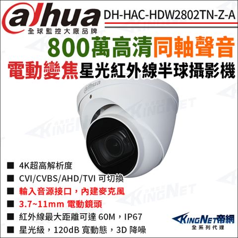 大華 DH-HAC-HDW2802TN-Z-A 800萬 同軸聲音 電動變焦 星光紅外線 半球型攝影機 監視器攝影機
