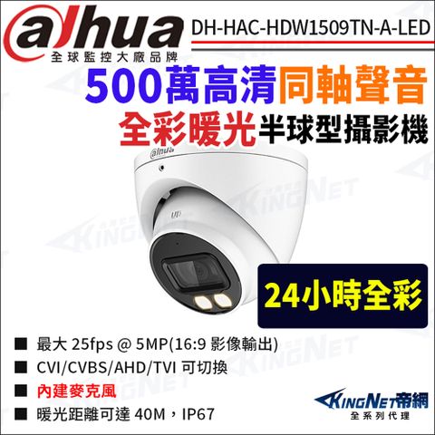 大華 DH-HAC-HDW1509TN-A-LED 500萬 暖光全彩 同軸聲音 半球攝影機 監視器攝影機