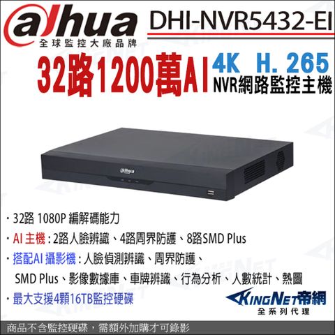 大華 NVR5432-EI 32路 專業智慧型4K NVR 4硬碟 網路主機 32路主機 1200萬 人臉偵測 車牌辨識 監視器