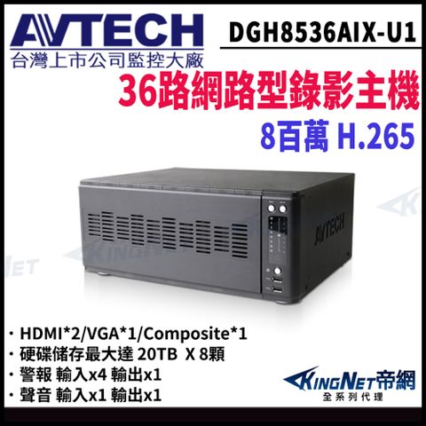 【AVTECH 陞泰】 帝網監視器 DGH8536AIX-U1 36路NVR IP網路型錄影主機 8顆硬碟 AI智慧偵測 監控主機