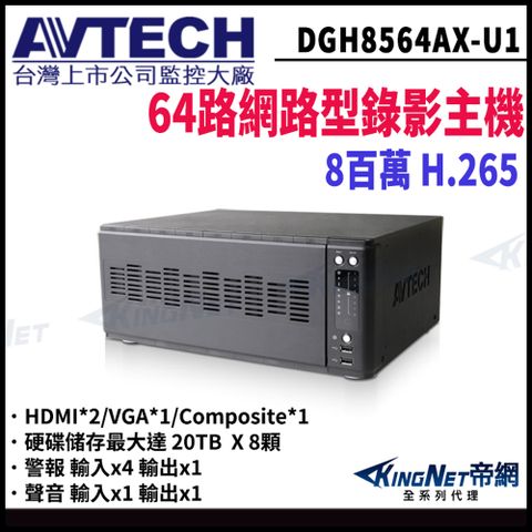 【AVTECH 陞泰】 帝網監視器 DGH8564AX-U1 800萬 64路主機 網路型錄影主機 NVR 8硬碟
