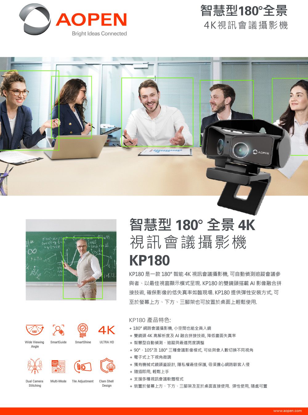 180智慧型180°全景4K視訊會議攝影機Bright Ideas ConnectedAOPEN4KClam ShellDesign智慧型 180°全景 4K視訊會議攝影機KP180KP180 是一款180° 智能 4K 視訊會議攝影機可自動偵測追蹤會議參與者以最佳視窗顯示模式呈現KP180 的雙鏡頭搭載AI 影像融合拼接技術 確保影像的低失真率如臨現場 KP180 提供彈性安裝方式可至於螢幕上方、下方、三腳架也可放置於桌面上輕鬆使用.KP180 產品特色:180° 網路會議攝影機,小空間也能全員入鏡+雙鏡頭4K高解析度及AI 融合拼接技術,降低畫面失真率+ 智慧型自動偵測、追蹤與最適亮度調整+90°、105°及180°三種會議影像模式,可依與會人數切換不同視角+ 電子式上下視角微調+ 獨有機械式鏡頭蓋設計,隱私權最佳保護,毋須擔心網路駭客入侵+ 隨插即用,輕鬆上手+ 支援多種視訊會議軟體程式+ 裝置於螢幕上方、下方、三腳架及至於桌面直接使用,彈性使用,隨處可置Wide ViewingAngleSmartGuideSmartShineULTRA HDDual CameraStitchingMulti-ModeTile Adjustmentwww.aopen.com