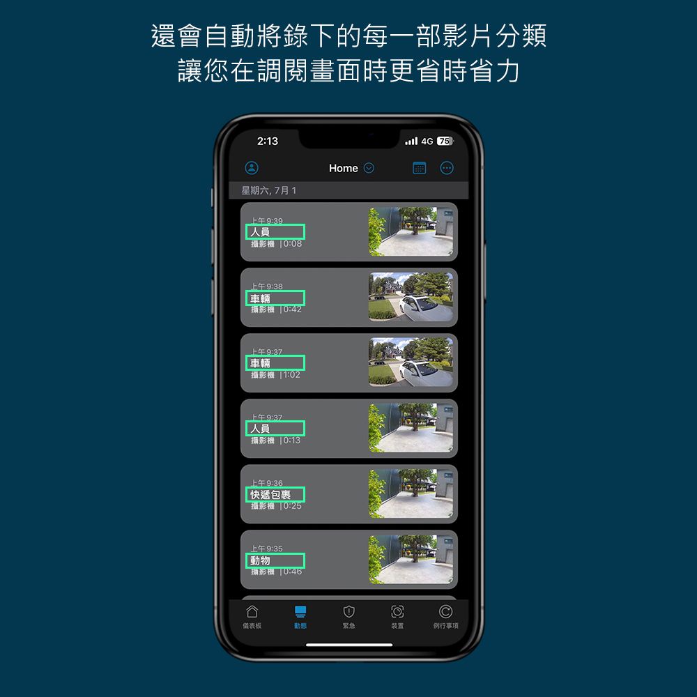 還會自動將錄下的每一部影片分類讓您在調閱畫面時更省時省力2:134G 75Home星期六,7月19:39人員攝影機 0:08上午9:38車輛攝影機 「0:42上午9:37車輛攝影機 1:02上午9:37人員攝影機 上午9:36快遞包裹攝影機 0:25上午9:35動物「攝影機 0:46L①儀表板緊急裝置例行事項
