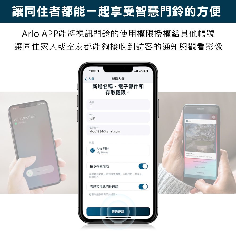 讓同住者都能一起享受智慧門鈴的方便Arlo APP能將視訊門鈴的使用權限授權給其他帳號讓同住家人或室友都能夠接收到訪客的通知與觀看影像1:13 14G 92新增人員新增名稱、電子郵件和存取權限。名字Arlo Doorbell 姓氏大明電子郵件abcd1234@gmail.com裝置Arlo 門鈴My Home授予存取權限存取其他功能,例如模式選擇、手動錄影、共享及刪除影片。音訊和視訊門鈴通話存取以接收所有門鈴通話。傳送邀請