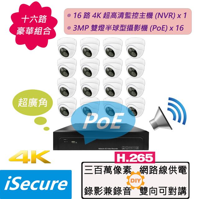 iSecure 英廣連 _16 路豪華監視器組合! 1 部 16 路 4K 超高清監控主機 (NVR) + 16 部 3MP 雙燈半球型攝影機 (PoE), 主要賣點: 畫質超清晰+色彩超鮮明+錄影兼錄音+雙向可對講+攝影機全部免接電源 (PoE)