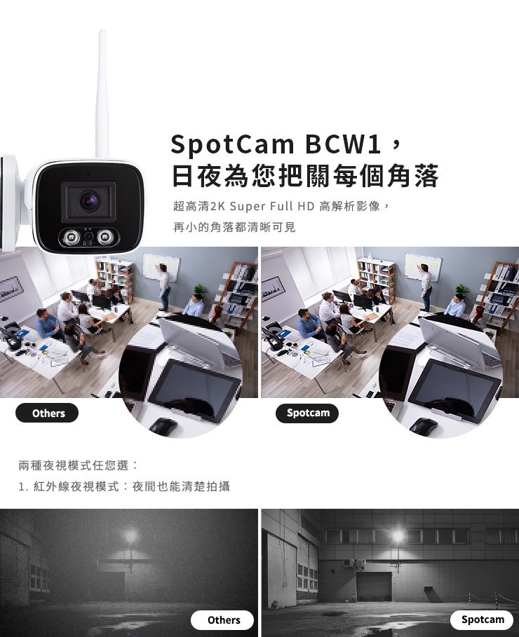 OthersSpotCam BCW1,日夜為您把關每個角落超高清2K Super Full HD 高解析影像,再小的角落都清晰可見兩種夜視模式任您選:1. 紅外線夜視模式:夜間也能清楚拍攝SpotcamOthersSpotcam
