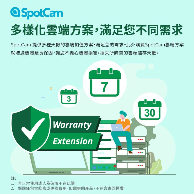 SpotCam多樣化雲端方案,滿足您不同需求SpotCam 提供多種天數的雲端加值方案,滿足您的需求。此外購買SpotCam雲端方案就贈送機體延長保固,讓您不擔心機體損害,損失所購買的雲端儲存天數。37WarrantyExtension註:1. 非正常使用或人為破壞不在此限2. 保固僅包含維修或更換費用,如需寄回產品,不包含寄回運費30