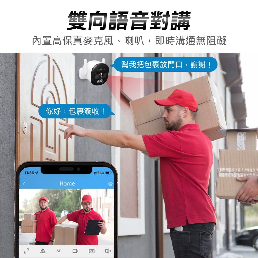 雙向語音對講内置高保真麥克風、喇叭,即時溝通無阻礙幫我把包裹放門口,謝謝!你好,包裹簽收!11:36Home SD