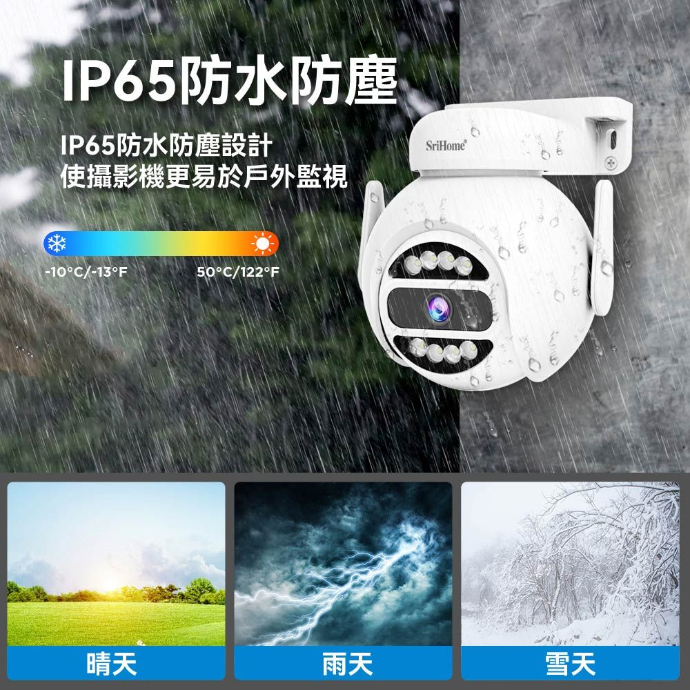 IP65防水防塵IP65防水防塵設計使攝影機更易於戶外監視-10°C/-13°F50°C/122°F晴天SriHome雨天雪天