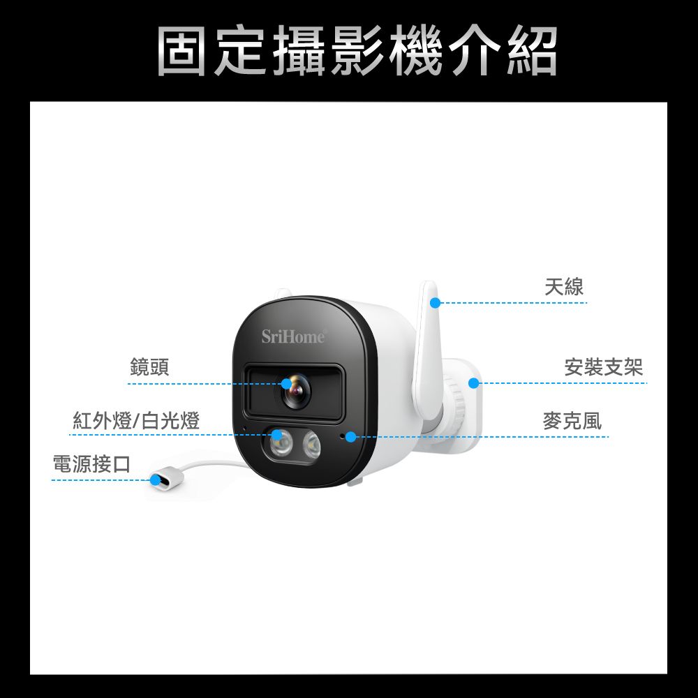 固定攝影機介紹天線SriHome鏡頭紅外燈/白光燈電源接口安裝支架麥克風