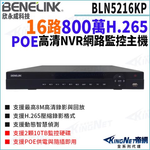 欣永成 Benelink 帝網監視器 BLN5216KP 800萬 16路 NVR 支援雙硬碟 網路錄影主機 POE 監控主機