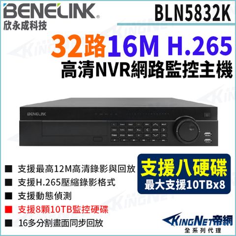 欣永成 Benelink 帝網監視器 BLN5832K 800萬 32路 NVR 支援八硬碟 4K 網路錄影主機 監控主機