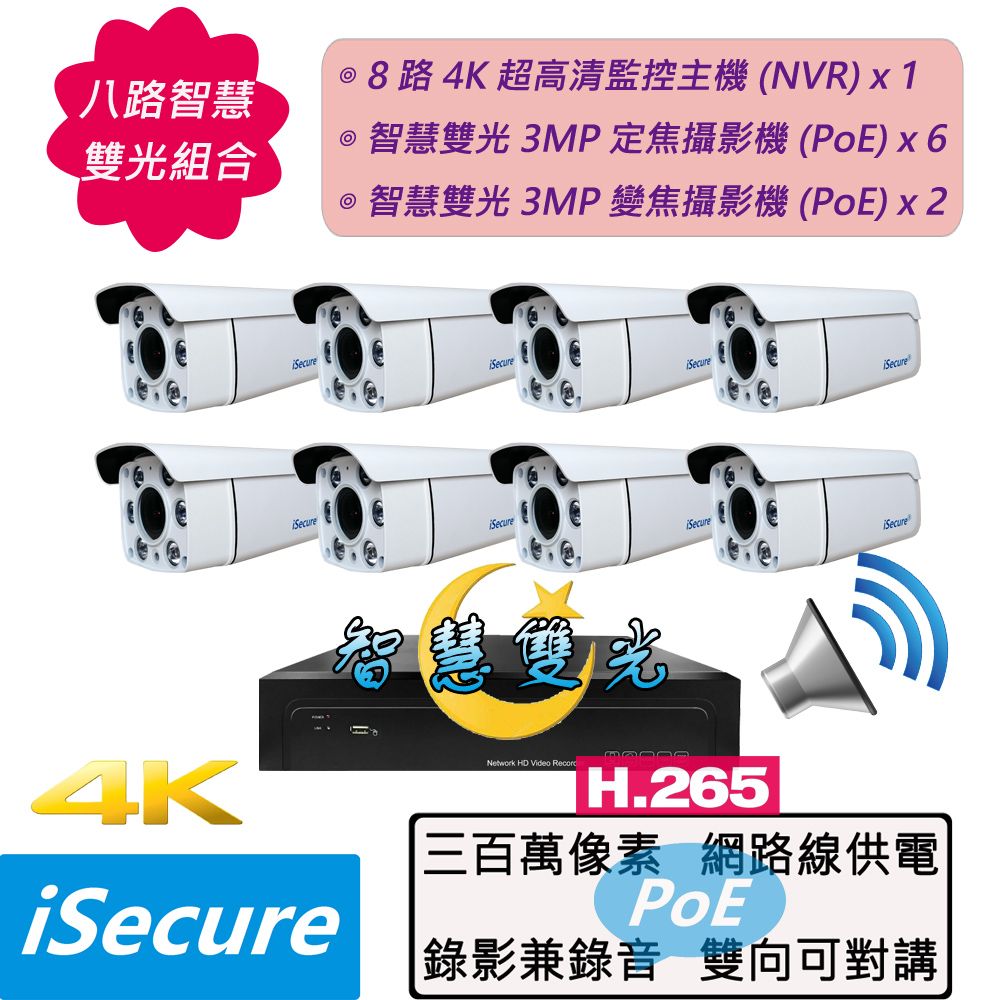 iSecure 英廣連 _8 路智慧雙光監視器組合: 1 部 8 路 4K 超高清監控主機 (NVR) + 6 部 3MP 定焦子彈型攝影機 (f: 4mm) + 2 部 3MP 四倍變焦子彈型攝影機 (f: 2.8~12mm), 主要賣點: 智慧雙光源+錄影兼錄音+雙向可對講+攝影機全部免接電源 (PoE)