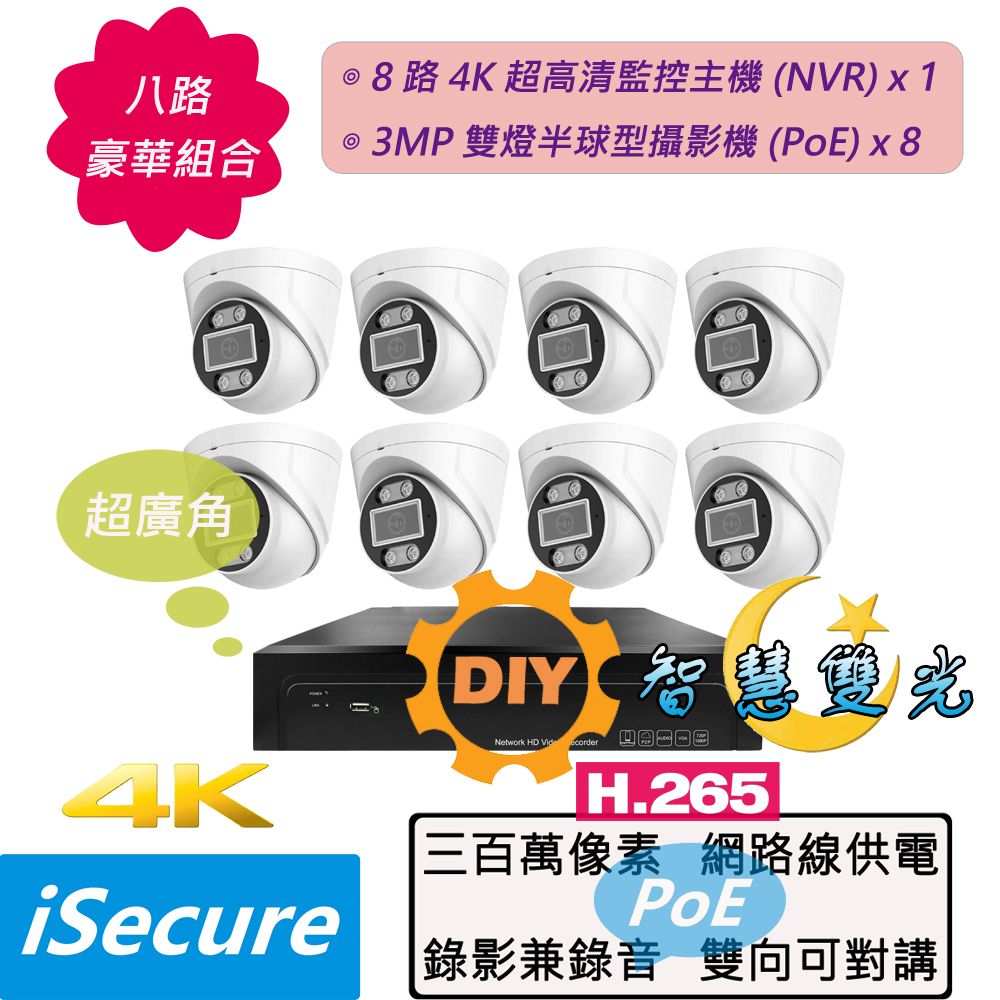 iSecure 英廣連 _八路智慧雙光 DIY 監視器組合! 1 部八路 4K 超高清網路型監控主機 (NVR) + 8 部智慧雙光三百萬超廣角半球型攝影機 (PoE) + 12 條 20 米網路線 (CAT5E)