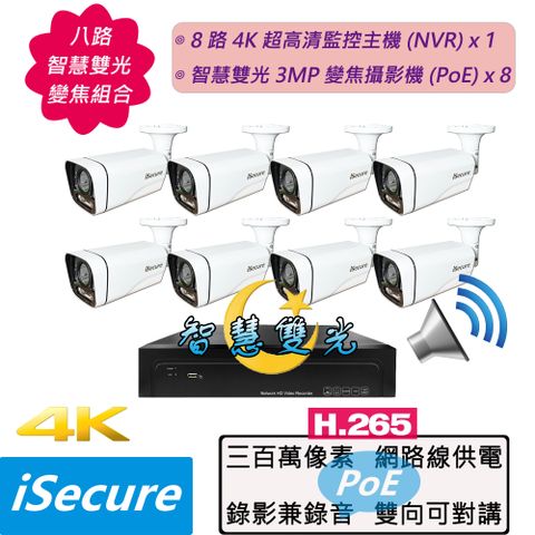 iSecure 英廣連 _八路智慧雙光變焦監視器組合! 1 部八路 4K 超高清網路型監控主機 (NVR) + 8 部智慧雙光 3MP 五倍變焦管型攝影機 (PoE)