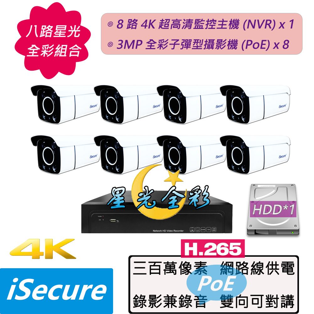 iSecure 英廣連 _八路 "星光全彩" 監視器組合: 1 部八路 4K 超高清網路型監控主機 (NVR) + 8 部星光全彩 3MP 子彈型攝影機 (PoE)