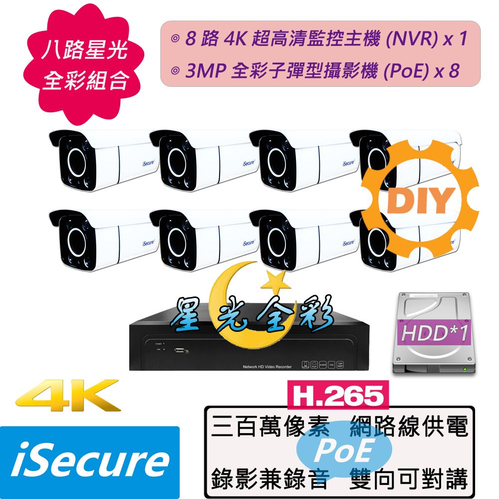 iSecure 英廣連 _八路 "星光全彩" DIY 監視器組合: 1 部八路 4K 超高清網路型監控主機 (NVR) + 8 部星光全彩 3MP 子彈型攝影機 (PoE) + 12 條 20 米網路線 + 4 個網線延長頭