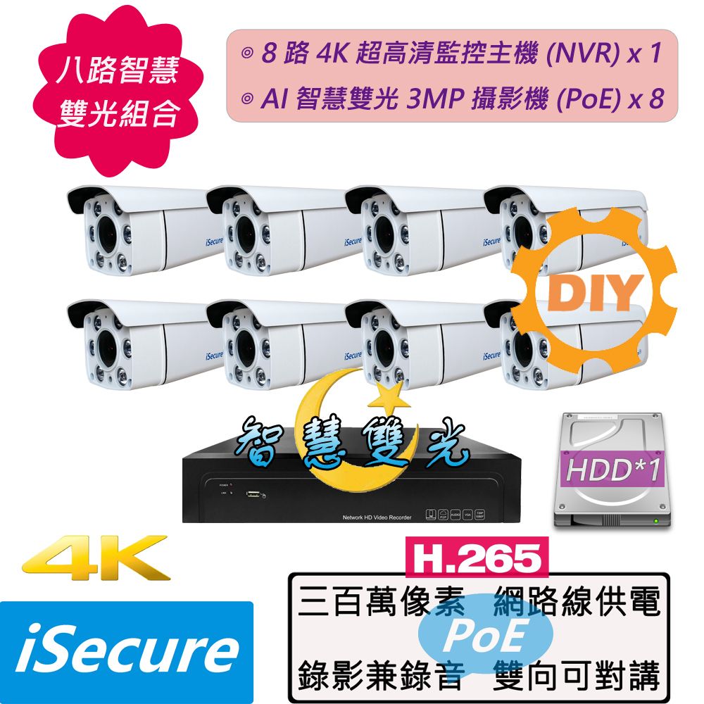 iSecure 英廣連 _八路 "智慧雙光" DIY 監視器組合: 1 部八路 4K 超高清網路型監控主機 (NVR) + 8 部智慧雙光 3MP 子彈型攝影機 (PoE) + 12 條 20 米網路線 + 4 個網線延長頭