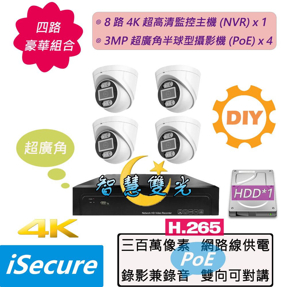 iSecure 英廣連 _四路 "智慧雙光" DIY 監視器組合: 1 部八路 4K 超高清網路型監控主機 (NVR) + 4 部智慧雙光 3MP 超廣角半球型攝影機 (PoE) + 6 條 20 米網路線 + 2 個網線延長頭