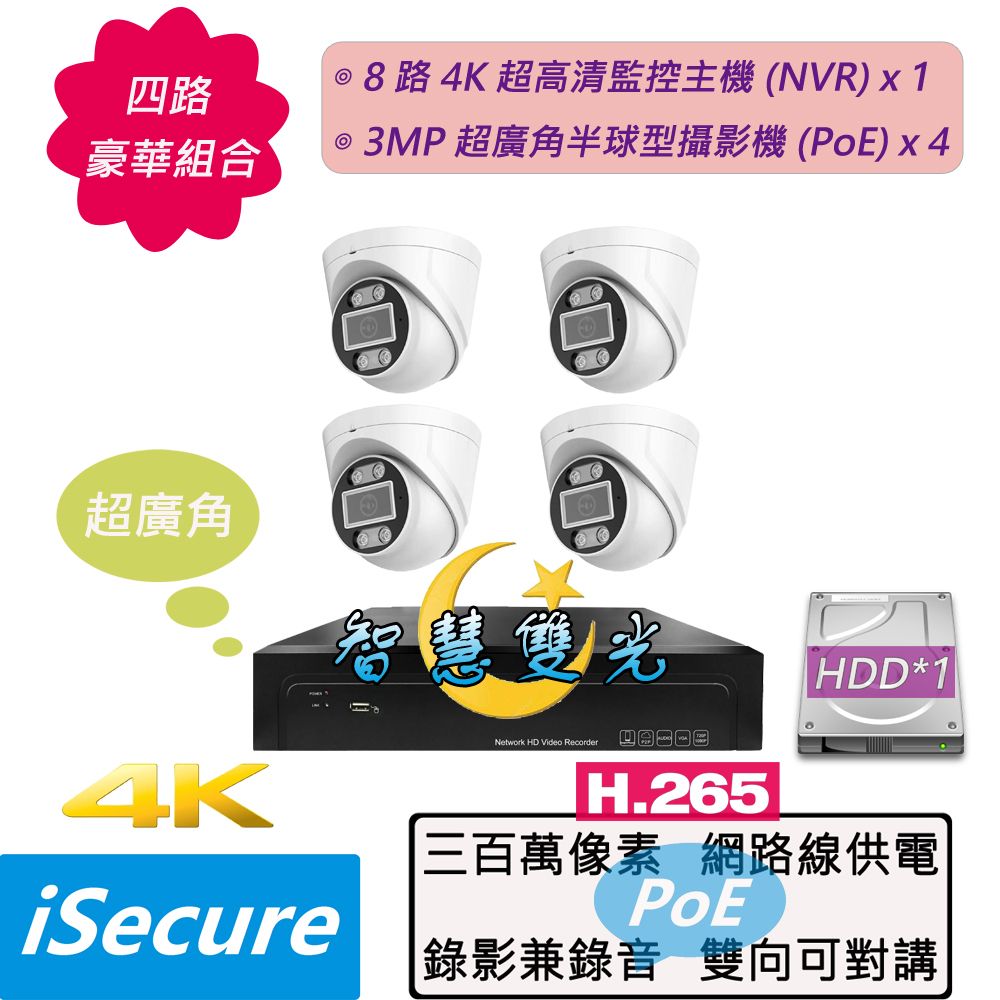 iSecure 英廣連 _四路 "智慧雙光" 監視器組合: 1 部八路 4K 超高清網路型監控主機 (NVR) + 4 部智慧雙光 3MP 超廣角半球型攝影機 (PoE)