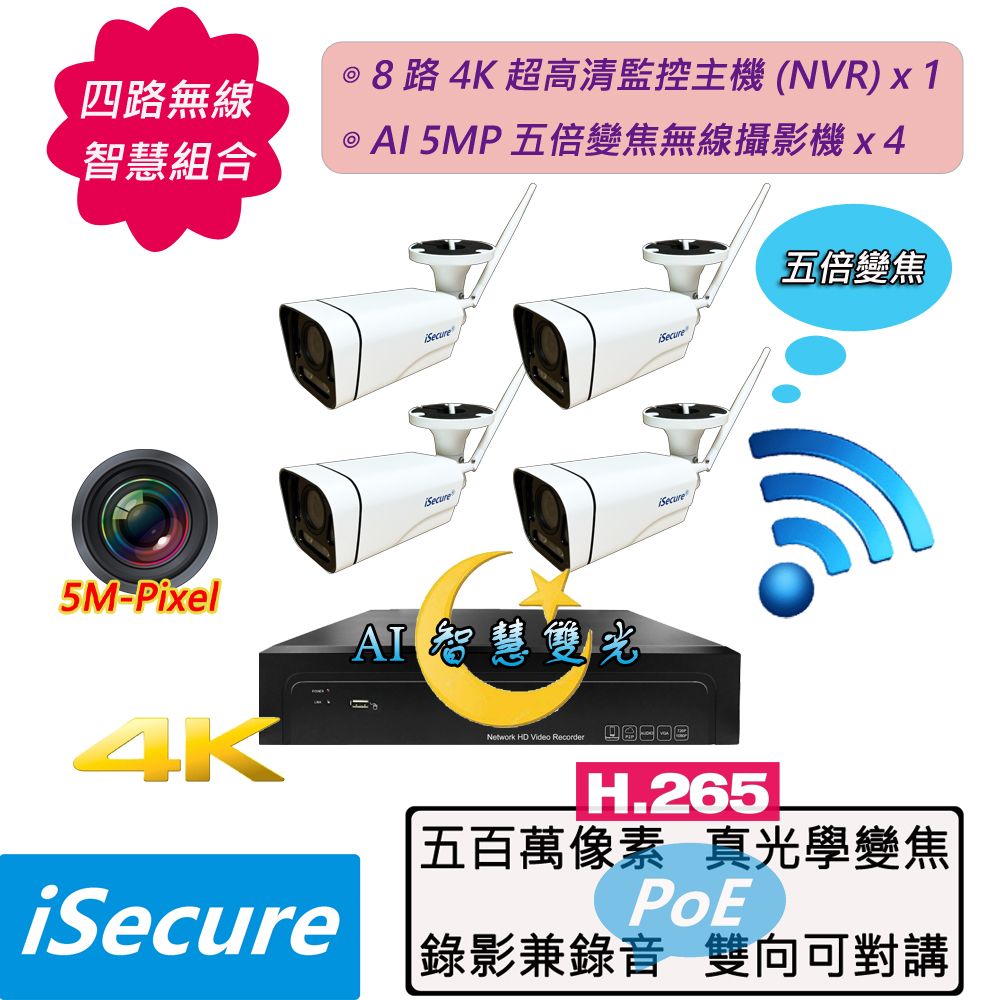 iSecure 英廣連 _八路 "WiFi 無線" 監視器組合: 1 部八路 4K 超高清網路型監控主機 (NVR) + 8 部 AI 智慧雙光 5MP 五倍光學變焦無線網路攝影機 (PoE)