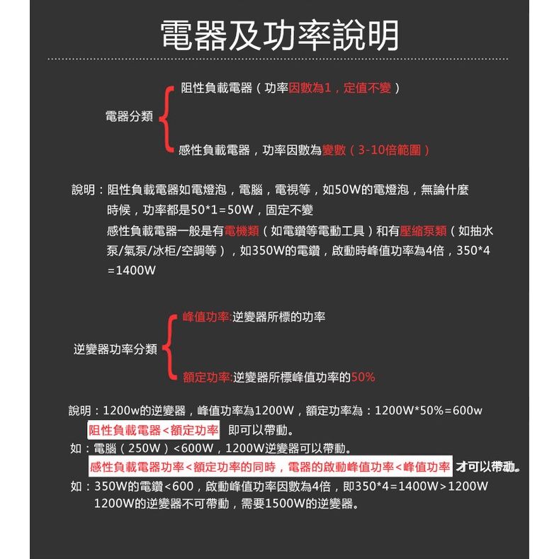 電器及功率說明阻性負載電器(功率因數為1,定值不變)電器分類感性負載電器,功率因數為變數(3-10範圍)說明:阻性負載電器如電燈泡,電腦,電視等,如50W的電燈泡,無論什麼時候,功率都是50*1=50W,固定不變感性負載電器一般是有電機類(如電鑽等電動工具)和有泵類(如抽水泵/氣泵/冰柜/空調等),如350W的電鑽,啟動時峰值功率為4倍,350*4=1400W逆變器功率分類峰值功率:逆變器所標的功率功率:逆變器所標峰值功率的50%說明:1200w的逆變器,峰值功率為1200W,額定功率為:1200W*50%=600w阻性負載電器額定功率 即可以帶動。如:電腦(250W)600W,1200W逆變器可以帶動。感性負載電器功率額定功率的同時,電器的啟動峰值功率峰值功率 才可以带动。如:350W的電鑽600,啟動峰值功率因數為4倍,即350*4=1400W1200W1200W的逆變器不可帶動,需要1500W的逆變器。