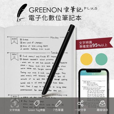 GREENON 雲筆記 Plus 電子化數位筆記本 智慧筆畫辨識 即時同步 (黃色+藍色)