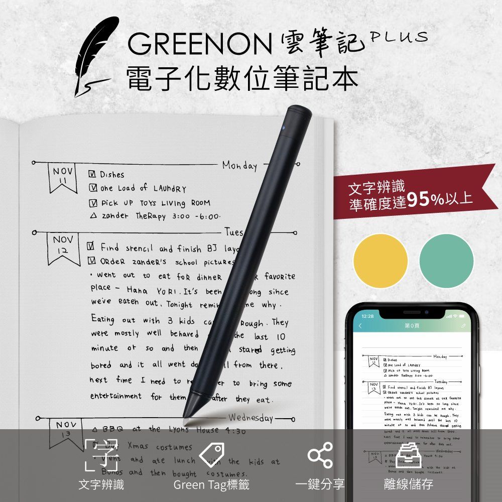 GREENON 橘能  雲筆記 Plus 電子化數位筆記本 智慧筆畫辨識 即時同步 (黃色+藍色)