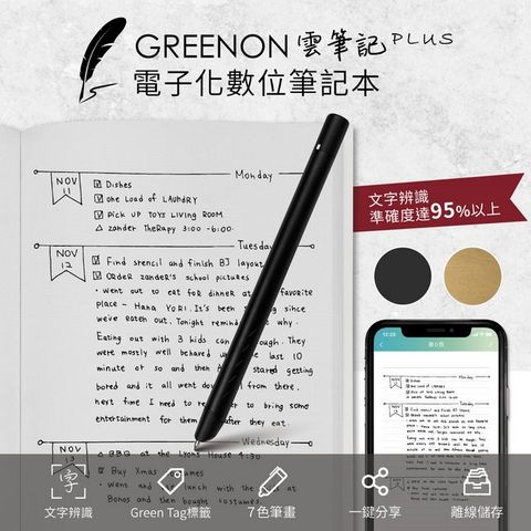 GREENON 雲筆記 Plus 電子化數位筆記本 智慧筆畫辨識 即時同步 (黑色+木紋)