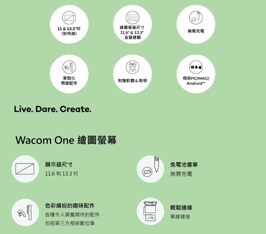 11 &amp; 13.3(對角線)繪圖螢幕尺寸11.6 &amp; 13.3無需充電直覺繪圖客製化相容PC/MAC/附贈軟體&amp;教學周邊配件AndroidLive. Dare. Create.Wacom One 繪圖螢幕顯示器尺寸11.6 和 13.3 吋免電池畫筆無需充電色彩繽紛的趣味配件各種令人興奮期待的配件包括第三方相容數位筆輕鬆連線單線連接