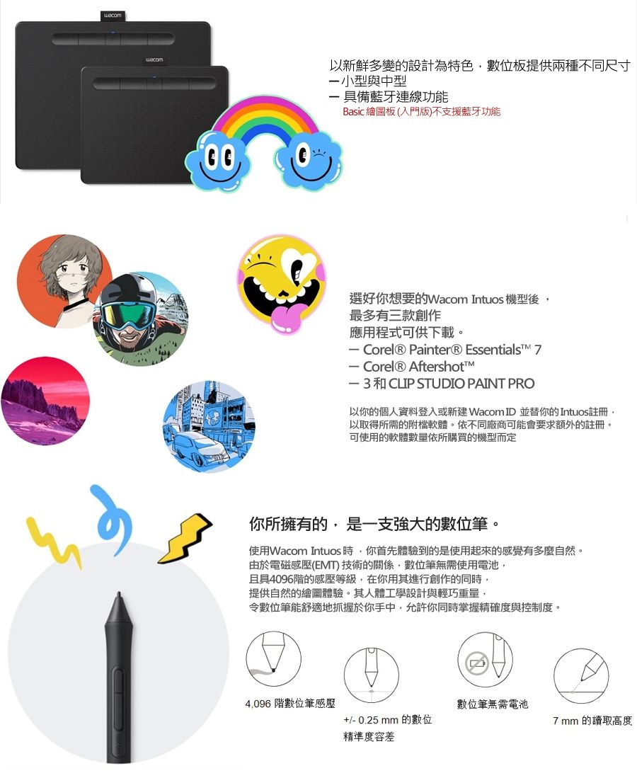 以新鮮多變的設計為特色數位板提供兩種不同尺寸小型與中型 具備藍牙連線功能Basic 繪圖板(入門版)不支援藍牙功能選好你想要的Wacom Intuos 機型後最多有三款創作應用程式可供下載。 Corel® Painter® Essentials  Corel® AftershottCLIP STUIO PAINT PRO以你的個人資料登入或新建 Wacom ID並替你的Intuos註冊以取得所需的附檔軟體。依不同廠商可能會要求額外的註冊。可使用的軟體數量依所購買的機型而定你所擁有的是一支強大的數位筆。使用Wacom Intuos 時你首先體驗到的是使用起來的感覺有多麼自然。由於電磁感壓(EMT)技術的關係,數位筆無需使用電池,且具4096階的感壓等級,在你用其進行創作的同時,提供自然的繪圖體驗。其人體工學設計與輕巧重量,令數位筆能舒適地抓握於你手中,允許你同時掌握精確度與控制度。D4,096 階數位筆感壓數位筆無需電池+/-0.25mm 的數位7mm的精準度容差