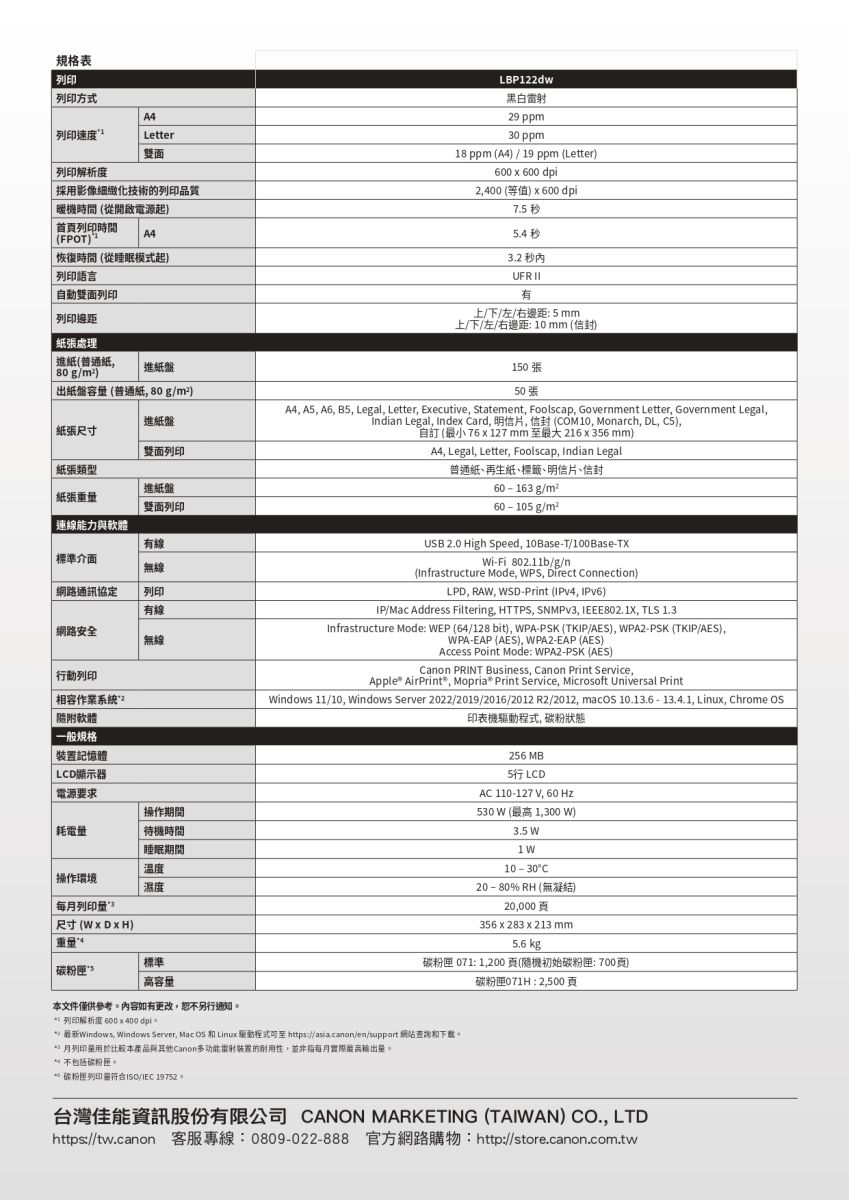 規格表列印LBP122dw列印方式列印速度Letter雙面列印解析度採用影像化技術的列印品質機時間(從開啟電源起)首列印時間(FPOT)A4 恢復時間(從睡眠模式起)列印語言自動雙面列印列印邊距黑白29 ppm30 ppm18 ppm (A4) / 19 ppm (Letter)600  600 dpi2400 (等值) x 600dpi75 秒5.4秒3.2 秒內UFR 有上/下/左/右邊距 5 mm上/下/左/右邊距10mm (信封)處理進紙(普通紙80g/m²)進紙盤出紙盤容(普通紙 80g/m²)進紙盤紙張尺寸雙面列印 紙張類型進紙盤紙張雙面列印連線能力與軟體有線標準介面無線網路通訊協定列印有線網路安全無線行動列印相容作業系統附軟體一般規格裝置記憶體LD顯示器電源要求操作期間耗電量待機時間睡眠期間溫度操作環境濕度每列印量尺寸()重量:標準碳粉匣高容量150張50張A4, A5, A6, B5, Legal, Letter, Executive, Statement, Foolscap, Government Letter, Government Legal,Indian Legal, Index Card, 明信片,信封(COM10, Monarch, DL, ),自訂 (最小 76x127 mm 最大216x356mm)A4, Legal, Letter, Foolscap, Indian Legal普通紙、再生紙、標籤、明信片、信封60  163 g/m²60-105 g/m²USB 2.0 High Speed, 10Base-T/100Base-i-Fi 802.11b/g/n.(Infrastructure Mode, , Direct Connection)LPD, RA, WSD-Print (v4, IPv6)IP/Mac Address Filtering. HTTPS, SNMPv3, IEEE802.1X, TLS 1.3Infrastructure Mode: WEP (64/128 bit), WPA-PSK (TKIP/AES), WPA2-PSK (TKIP/AES),WPA-EAP (AES), WPA2-EAP (AES)Access Point Mode: WPA2-PSK (AES)Canon PRINT Business, Canon Print Service,Apple AirPrint, Mopria Print Service, Microsoft Universal PrintWindows 11/10, Windows Server 2022/2019/2016/2012 R2/2012,mac 10.13.6-13.4.1, Linux, Chrome OS印表機程式, 碳粉狀態256 MB LCDAC 110-127 V, 60 Hz530 W (最高 1,300 W)3.5 W10-30C20-80% RH (無凝結)20,000356 x 283 x 213 mm5.6 kg碳粉匣 071:1,200 (隨機初始碳粉匣:700頁碳粉匣:2,500頁本文件僅供參考內容如有更改,恕不另行通知 列印解析度 600x400dpi。*: 最新Windows, Windows Server, Mac OS 和 Linux 驅動程式可至https://asia.canon/en/support 網站查詢和。月列印量用於比較本產品與其他Canon多功能雷射裝置的耐用性,並非每月實際最高輸出量。 不包括碳粉匣。碳粉匣列印量符合ISO/IEC 19752。台灣佳能資訊股份有限公司 CANON MARKETING (TAIWAN) CO., LTDhttps://tw.canon 客服專線:0809-022-888 官方網路購物: http://store.canon.com.tw