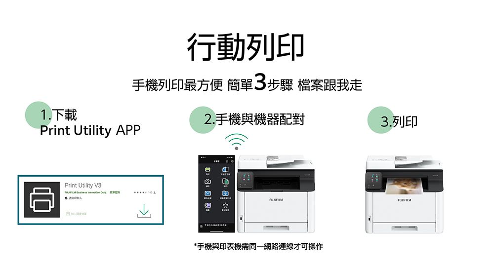1.下載行動列印手機列印最方便 簡單3步驟 檔案跟我走Print Utility APP2.手機與機器配對Print Utility V3    M*手機與印表機需同一網路連線才可操作3.列印