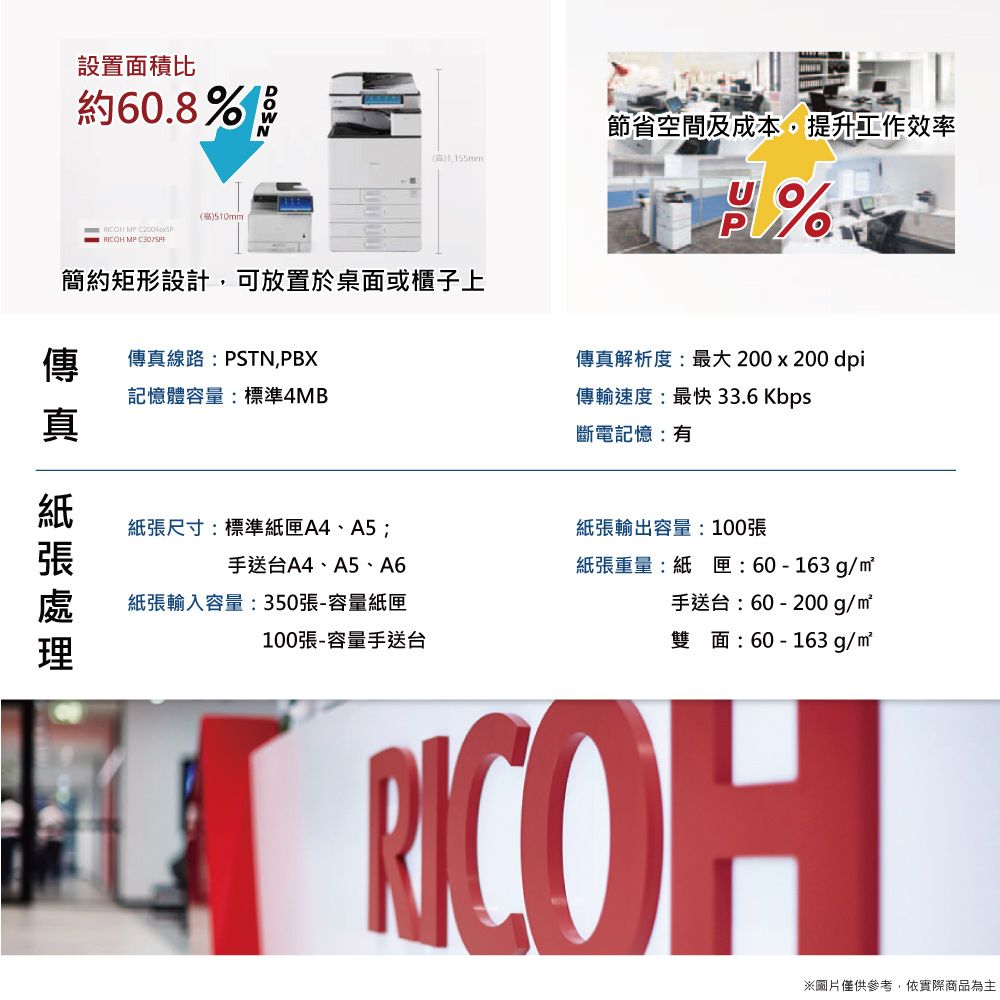 N節省空間及成本,提升工作效率)155mm設置面積比約60.8)510mm   RICOH MP %簡約矩形設計,可放置於桌面或櫃子上線路:PSTN,PBX記憶體容量:標準4MB傳真解析度:最大 200x200 dpi傳輸速度:最快 33.6 Kbps斷電記憶:有傳 真 紙張尺寸:標準紙匣A4、A5;紙張輸出容量:100張手送台A4、A5、A6紙張重量:紙匣:60-163g/紙張輸入容量:350張-容量紙匣手送台:60-200 g/100張-容量手送台雙面:60 - 163 g/m²RICOH※圖片僅供參考,依實際商品為主
